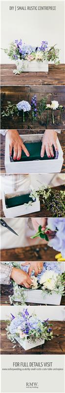 DIY poročna vadnica za izdelavo osrednjega cvetličnega lesenega zaboja s cvetlično peno in cvetličnim aranžmajem