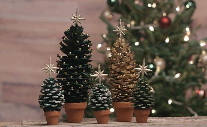 kako narediti borovce, idejo mini vrta za božič, ročno izdelan model božičnega storža