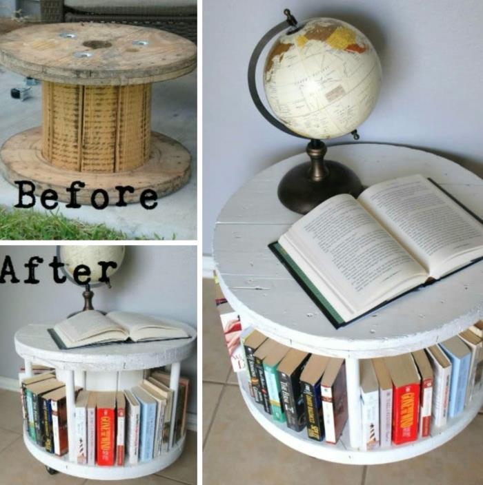 enostavna ideja DIY za izdelavo izvirnega skladišča za knjige, pohištvo DIY iz recikliranega lesenega koluta in pobarvano v belo