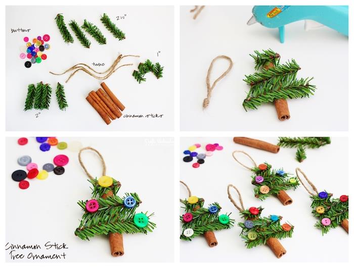 Kalėdų eglutė cinamono lazdelėje ir žalios dirbtinės pušies šakos, spalvingos sagų puošmenos, vaikų darželio kalėdinės dekoracijos