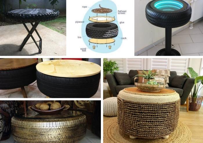 enostavna dekoracija vrta na prostem z recikliranimi materiali, modeli mizic v recikliranih pnevmatikah za vrt ali dnevno sobo
