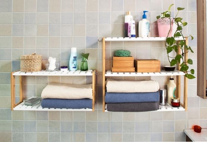 „Pasidaryk pats“ medinės vonios lentynos laikymo rankšluosčių vonios sieniniai sieniniai dekoro augalai