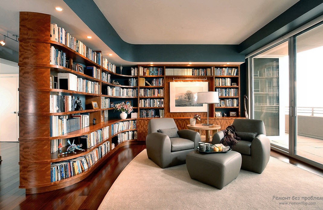 Espectacular diseño de una sala de estar con biblioteca