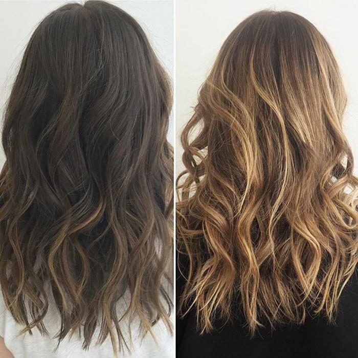 una donna dai capelli scuri con balayage: prima e dopo il trattamento