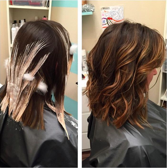 una donna con un bob e dei balayage su capelli castani, prima e dopo il trattamento