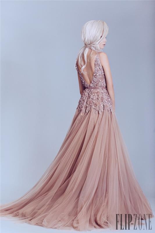 Sırtı çiçekli dantelli fırfırlı tül etekli prenses tasarım haute couture elbise