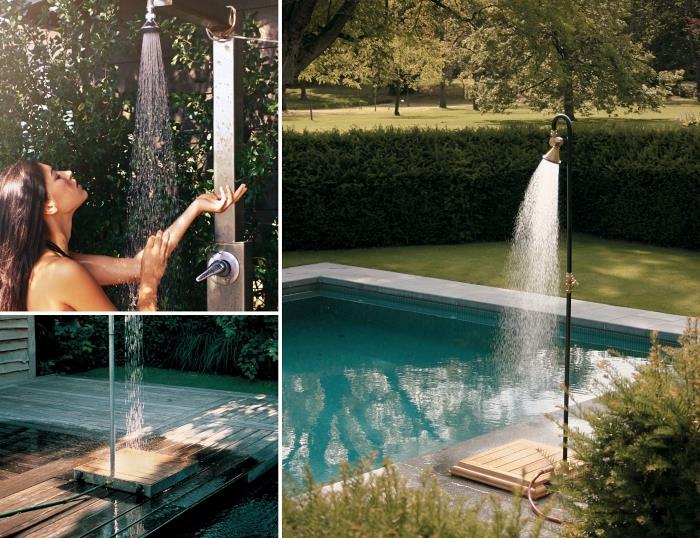 yüzme havuzu ve duşu ile modern dış tasarım, paslanmaz çelikten güneş yüzme havuzu duş modeli, ahşap ve metalden mobil duş fikri