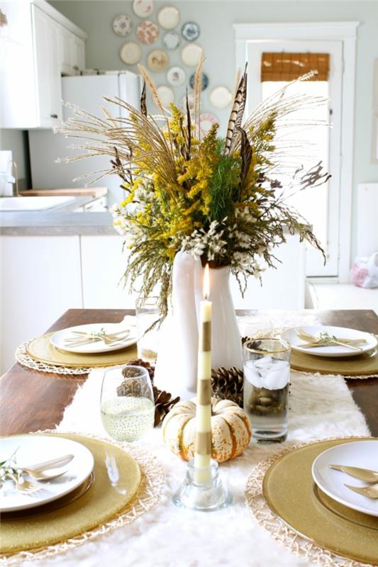 aukso ir baltos spalvos detalės madinga rudens stalo puošmena pasidaryk pats pasidaryk pats vestuvių ar paprastą vakarienę