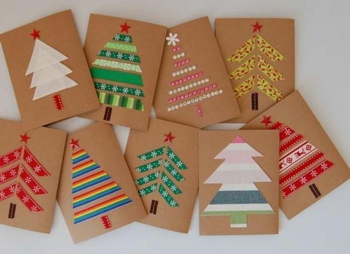 DIY za vašo sobo, devet kart iz rjavega kartona, okrašenih z oblikami božičnega drevesa, narejenih iz kroglic in washi traku v različnih barvah