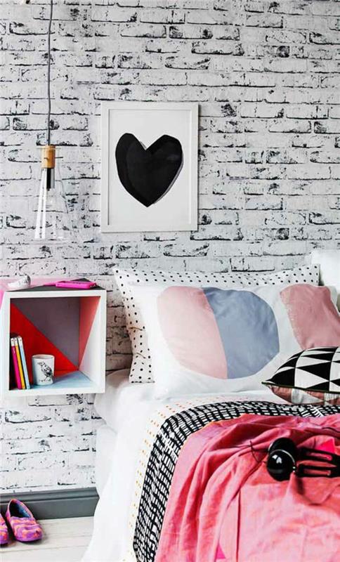 modern-genç-kız-yatak odası-dekorasyon-sahte-tuğla-duvar kağıdı