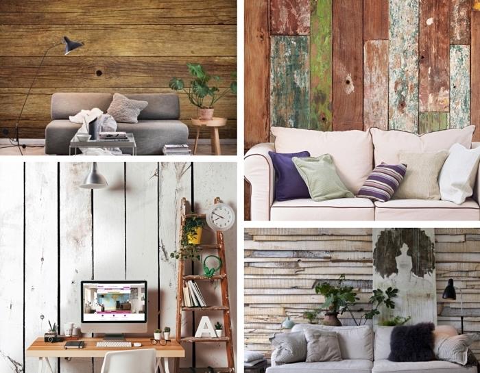 imitacijos dažytų medinių tapetų pavyzdžiai, modernus svetainės išdėstymas su tamsios medžio imitacijos sienomis ir pilka sofa