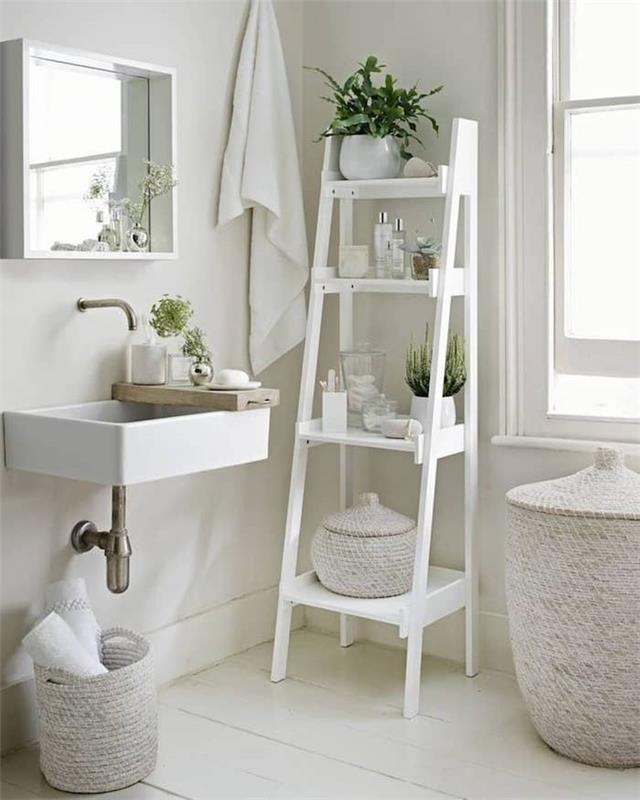 Depolama merdiveni, kaktüs, yeşil bitki, depolama sepeti, gri banyo, beyaz banyo ve iyi dekore edilmiş ahşap