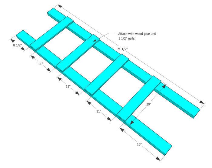 preprost diagram za izdelavo lesene lestve, mere, prostor med koraki, zamisel o lastnem shranjevanju