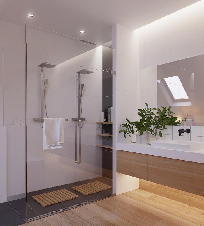 moderna barvna ideja kopalnice z belimi stenami in stropom z imitacijo lesenih talnih oblog in tuš kabine