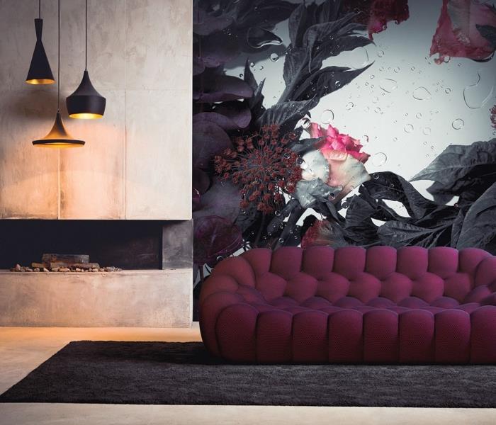 sienų gobeleno modelis su tamsių gėlių dizainu su vandens lašais su 3D efektu, svetainės dekoras su purpurine sofa ir juodu kilimu