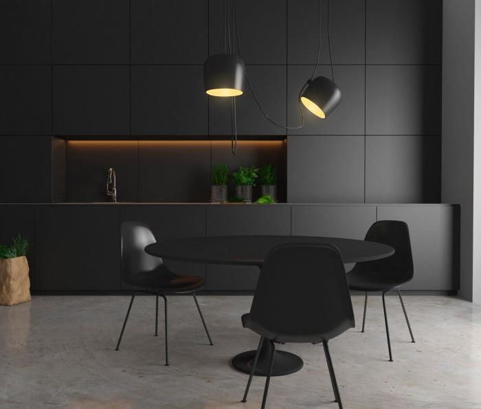 modern mutfak duvar rengi fikirleri, kulpsuz mat siyah mobilyalarla mutfak duvar rengi fikirleri