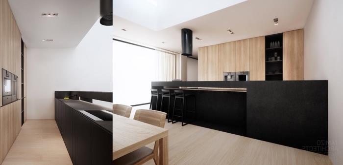 modernus virtuvės dizainas su šviesiais mediniais baldais ir juoda centrine sala, pakabinamų lubų modelis su LED apšvietimu