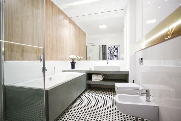 banyo duvar karoları nasıl seçilir, imitasyon ahşap duvar bölmeli banyo dekoru, endüstriyel desenli modern banyo