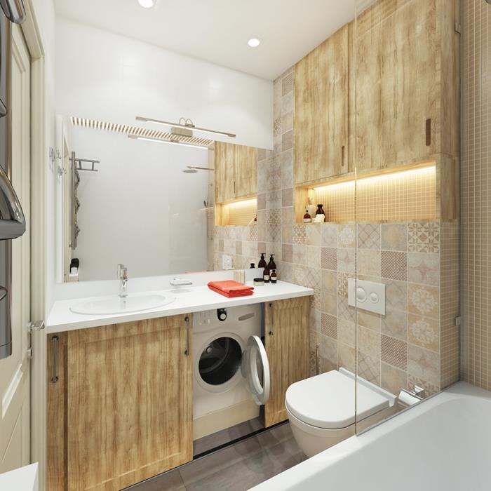 postavitev majhne kopalnice z belim stropom in pultom z bež ploščicami in oblikovalskimi lesenimi omaricami