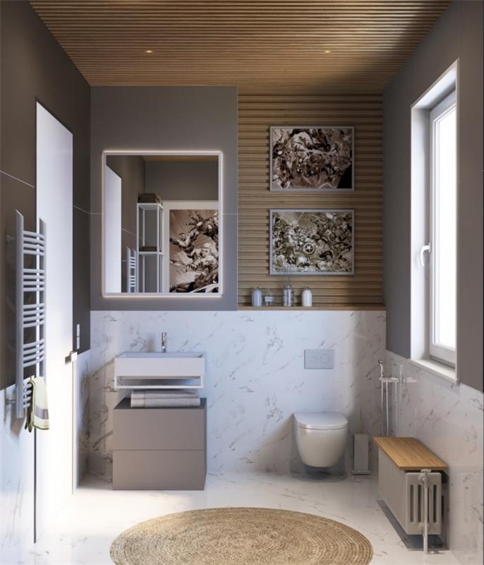 lavabo altı açık gri renkte kulpsuz küçük fonksiyonel banyo dolabı, ıslak hacim için bej yuvarlak halı modeli