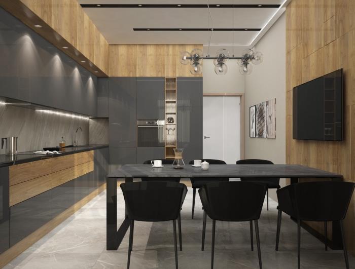 ogljeno siva in lesena kuhinja z belim spuščenim stropom in svetlo sivimi talnimi ploščicami z delno oblogo iz lesa