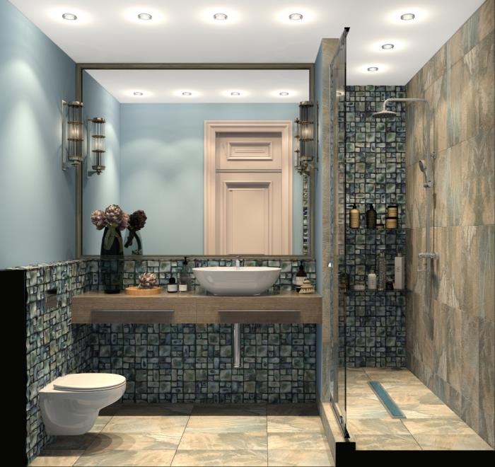 model kopalniških ploščic v nevtralnih barvah za kombinacijo s pastelno modro barvo za stene in belim stropom