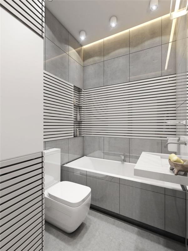 sivo -beli model kopalnice s spuščenim stropom in prekrivnimi ploščami za prenovo kopalnice z nišami za dodatke