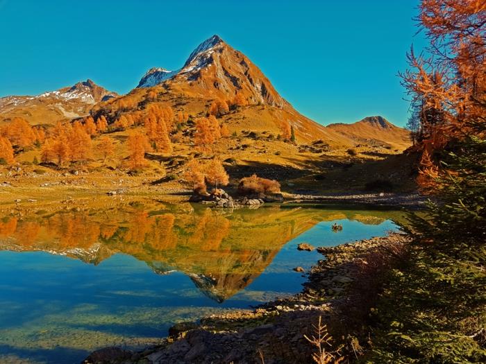 gora in njen odsev v jeseni, gorsko jezero, rumena drevesa in zelene jelke, jesensko ozadje