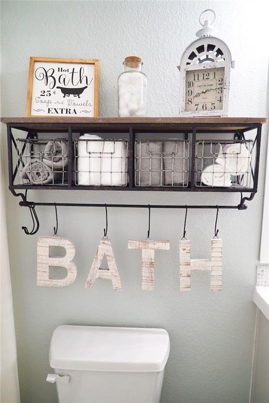 Deco banyo rafı, küvetli banyo ilhamı, güzel depolama banyo tabelası ahşap harfler
