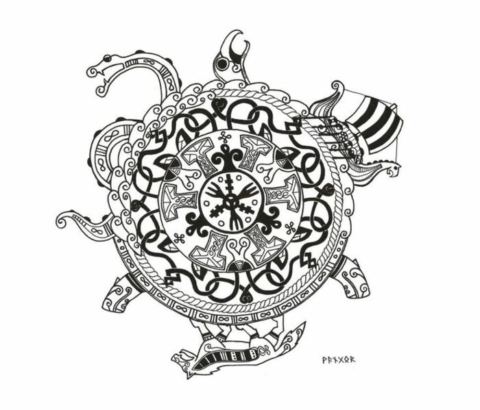 Tatuiruotė, vaizduojanti vikingų pajėgų šarvuotės originalią idėją apvali tatuiruotė