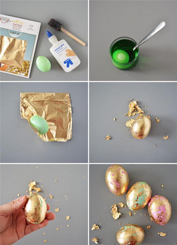 žingsniai, kurių reikia laikytis norint sukurti auksinės metalinės folijos efektą ant spalvoto kiaušinio, kaip naudoti valgomąją auksinę foliją metalinei dekoracijai gaminti