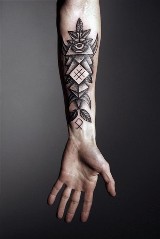 tetovaža podlakti, ki jo navdihujejo egiptovski bogovi, sveta tetovaža, črno ozadje