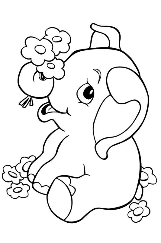 barvni slon s cvetjem v prtljažniku, srčkane risarske ideje za otroke za tiskanje