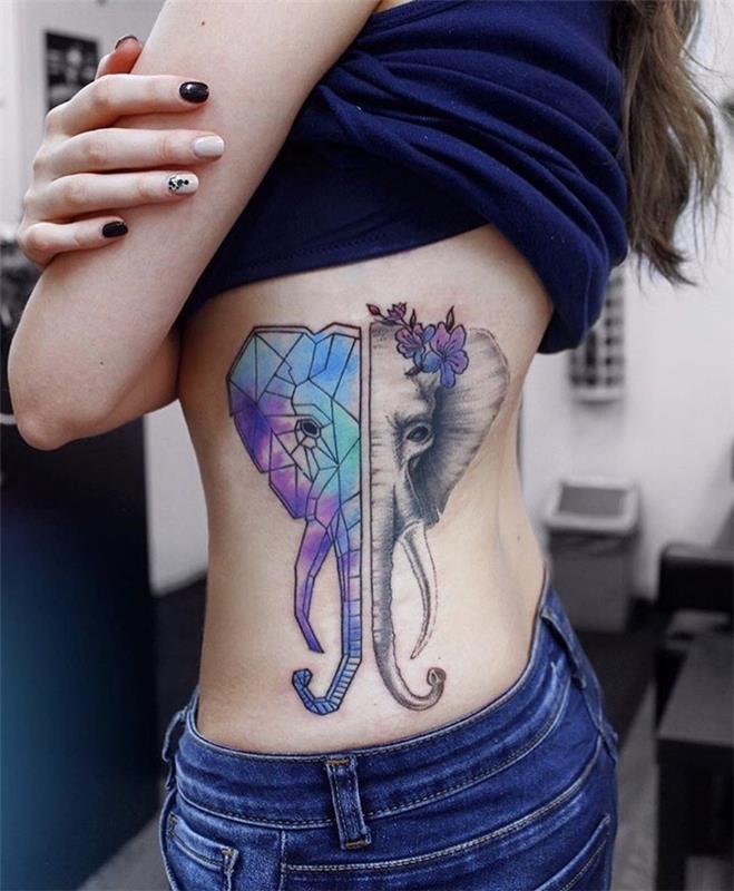 barvita tetovaža z glavo slona, ​​na strani trebuha dekleta, tetovaža ravnotežja, mornarski top in kavbojke