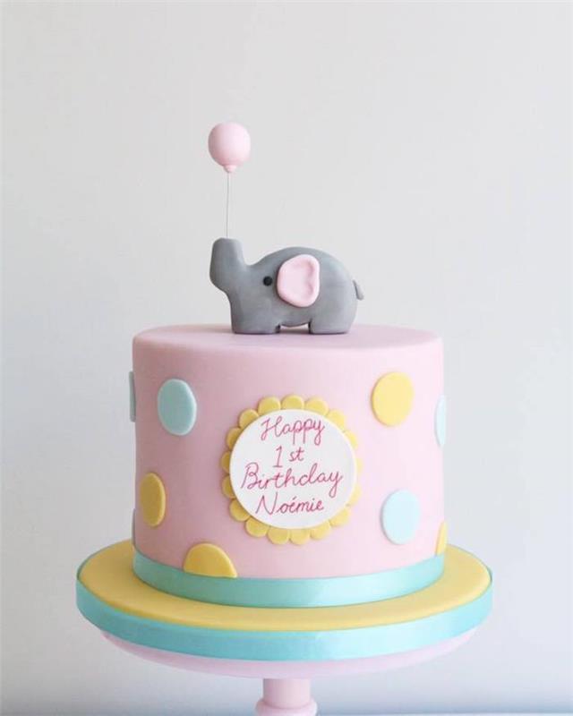 1 yıl doğum günü pastası üzerinde güzel bebek fil heykelcik, doğum günü pastası resmi, orijinal kişiselleştirilmiş doğum günü pastası