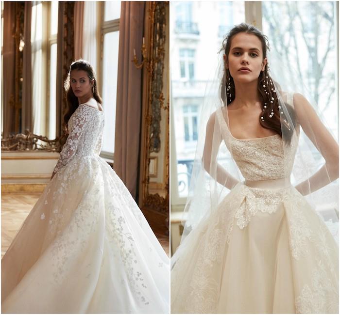 elie saab 2019 pavasario kolekcija, vestuvinė suknelė su nėriniais ir princesės kirpimo sijonu su gėlių elementais