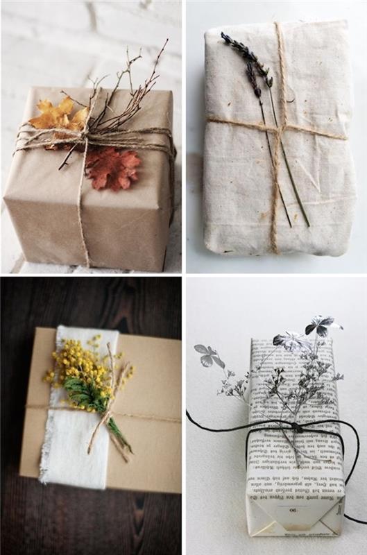 kartoninė dovanų dėžutė, apvyniota kraftpopieriu, laikraščiu ir audiniu, natūralus šakų puošimas negyvais lapais ir gėlėmis