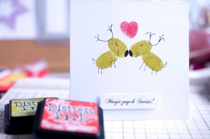 Noel için boş bir kart nasıl dekore edilir, kağıt ve Noel geyiği çift parmak izleri olan çocuklar için el sanatları örneği