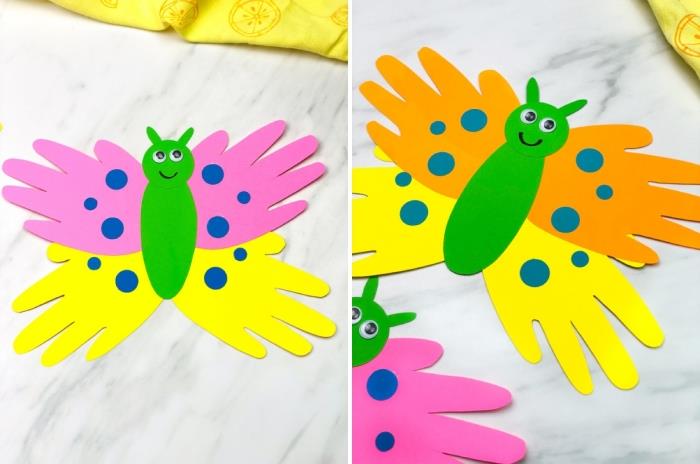 darželio mamos dienos atviruko šablonas drugelio formos su sparnais iš mažų spalvingų vaikiškų rankų atspaudų
