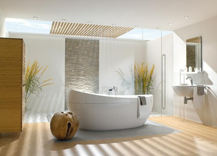 lüks banyo, pvc zemin üzerine parke, oval beyaz küvet, yeşil ve sarı banyo bitkisi, banyo dolabı dolabı, şeffaf cam tavan açıklığı
