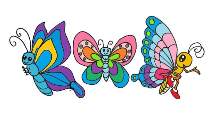 Trys drugeliai, piešiantys spalvotai, kaip piešti drugelį, paprastas gyvūnų piešinys