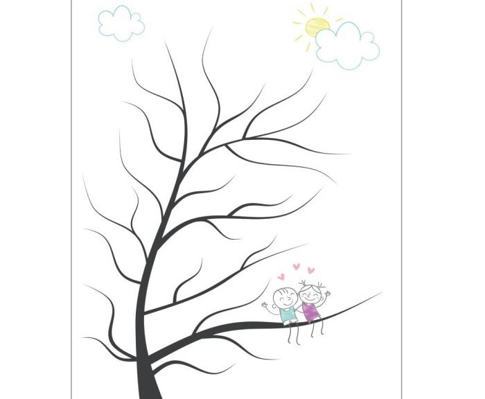 otroški um risanje z drevesom brez listov in nekaj zaljubljenih otrok in srečnih pod sončnim nebom