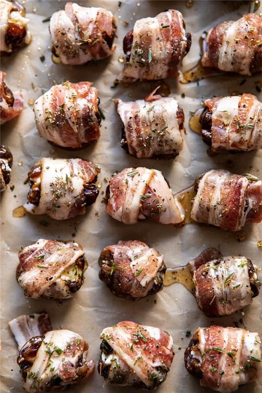 aperitivna večerja za 20 oseb, datlji, polnjeni s kozjim sirom, zavitimi v slanino, trakovi slanine
