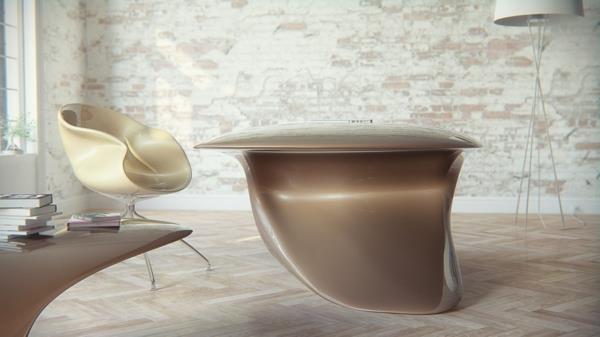 elegantiškas smėlio spalvos dizaino stalas ir kėdės