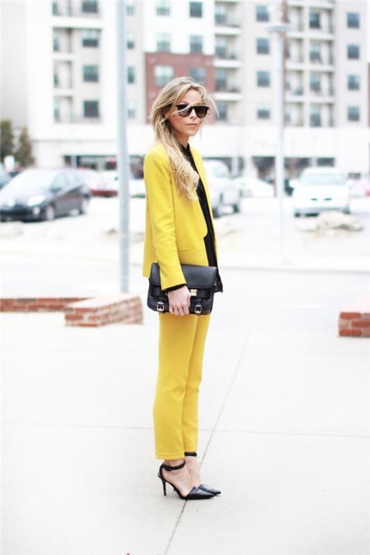 eleganten videz v rumeni in črni barvi, kako nositi bleščeče barvne ženske hlače v službo