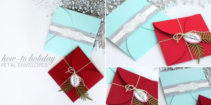 origami zarf, Noel kartları için kırmızı ve mavi renkli kağıttan zarf şablonu