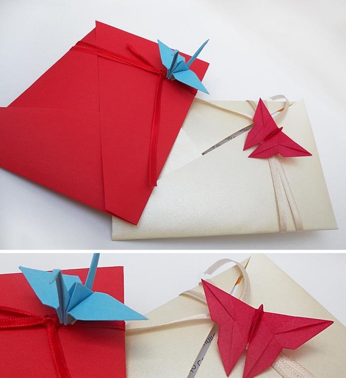 origami katlama tekniğini kullanarak beyaz ve kırmızı kağıttan zarf yapma fikri