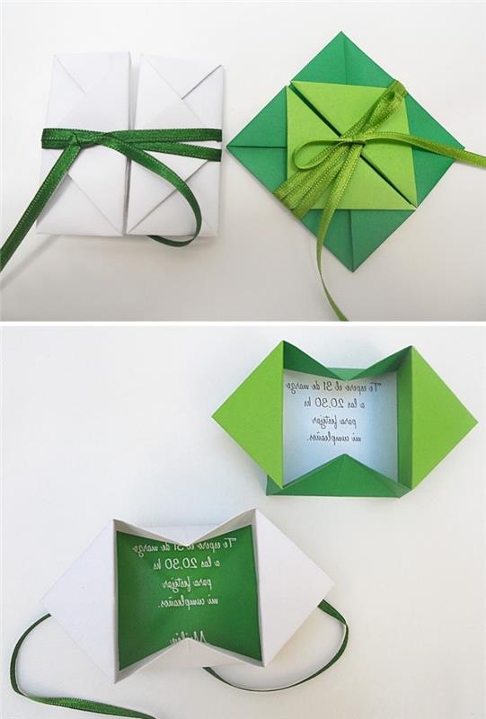 origami lankstymo technika, kaip padaryti origami voką iš žalios spalvos popieriaus su juostele