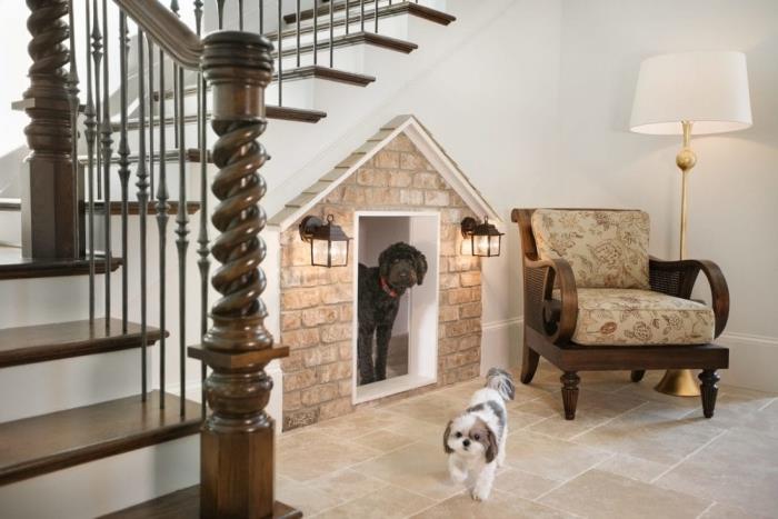 bir köpek evinin koyu ve beyaz ahşap merdiven iç tasarımı iç cephe tuğla merdivenlerin altında ahşap koltuk