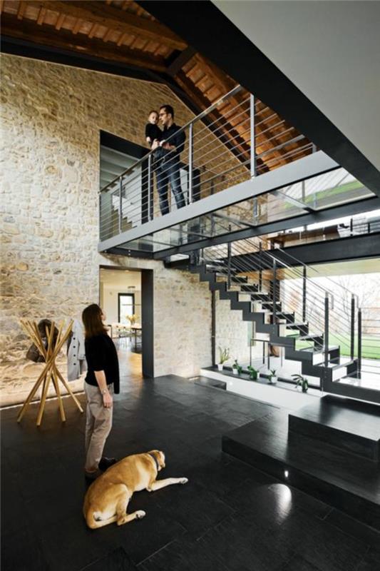 stiklo laiptai-stiklo plokštės-namai-šeimos-šuns grindys-juoda-neįprasta